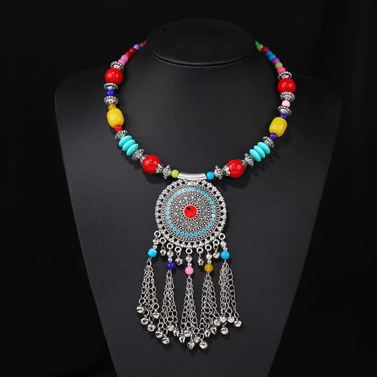Retro Ethnic Tibetan Necklace - Bell Tassel Colorful Beaded Choker & Sweater Chain, Perfect for Ethnic & Casual Outfits