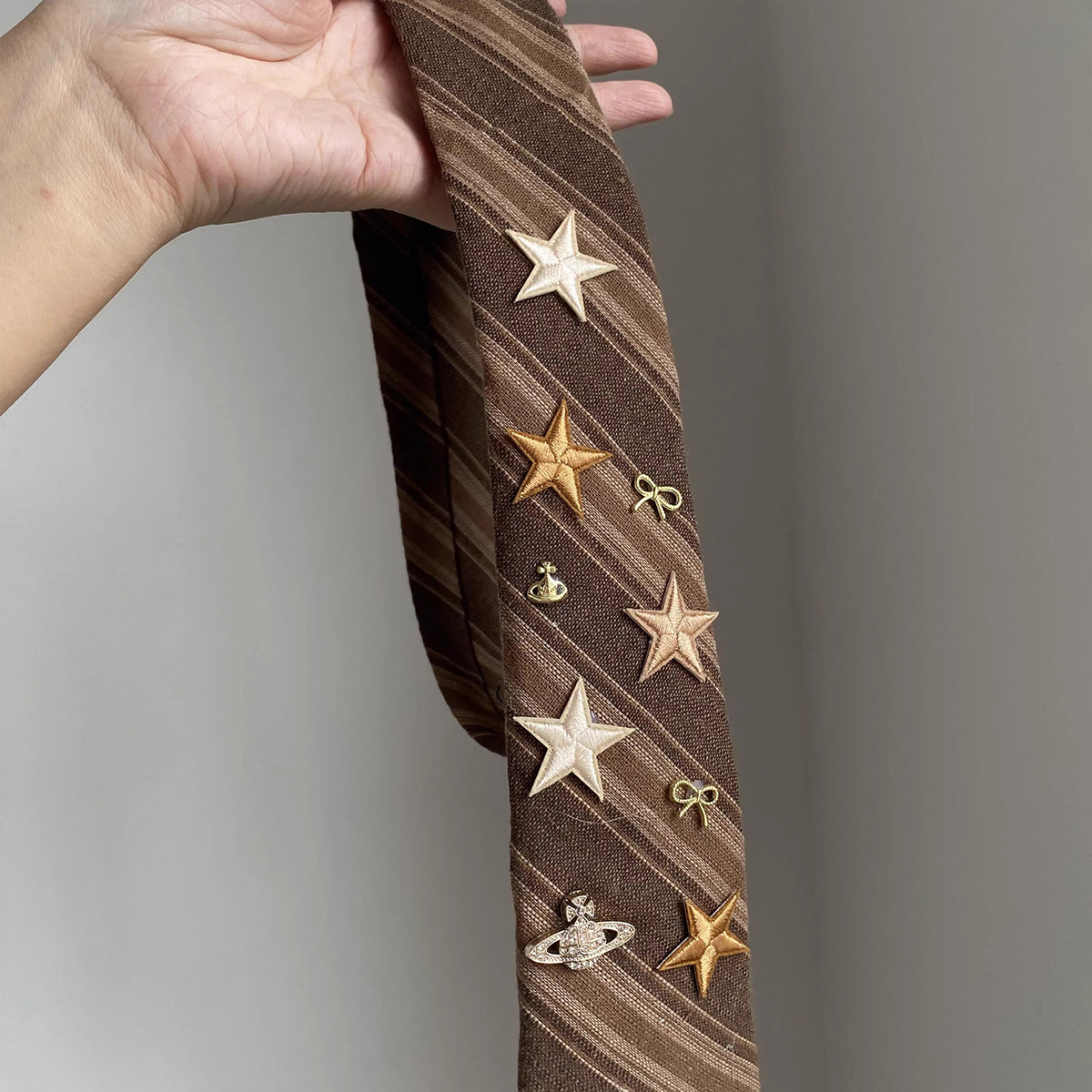 Handmade Custom Vintage Brown Pinstripe Star Tie - Retro Preppy Style Accessory