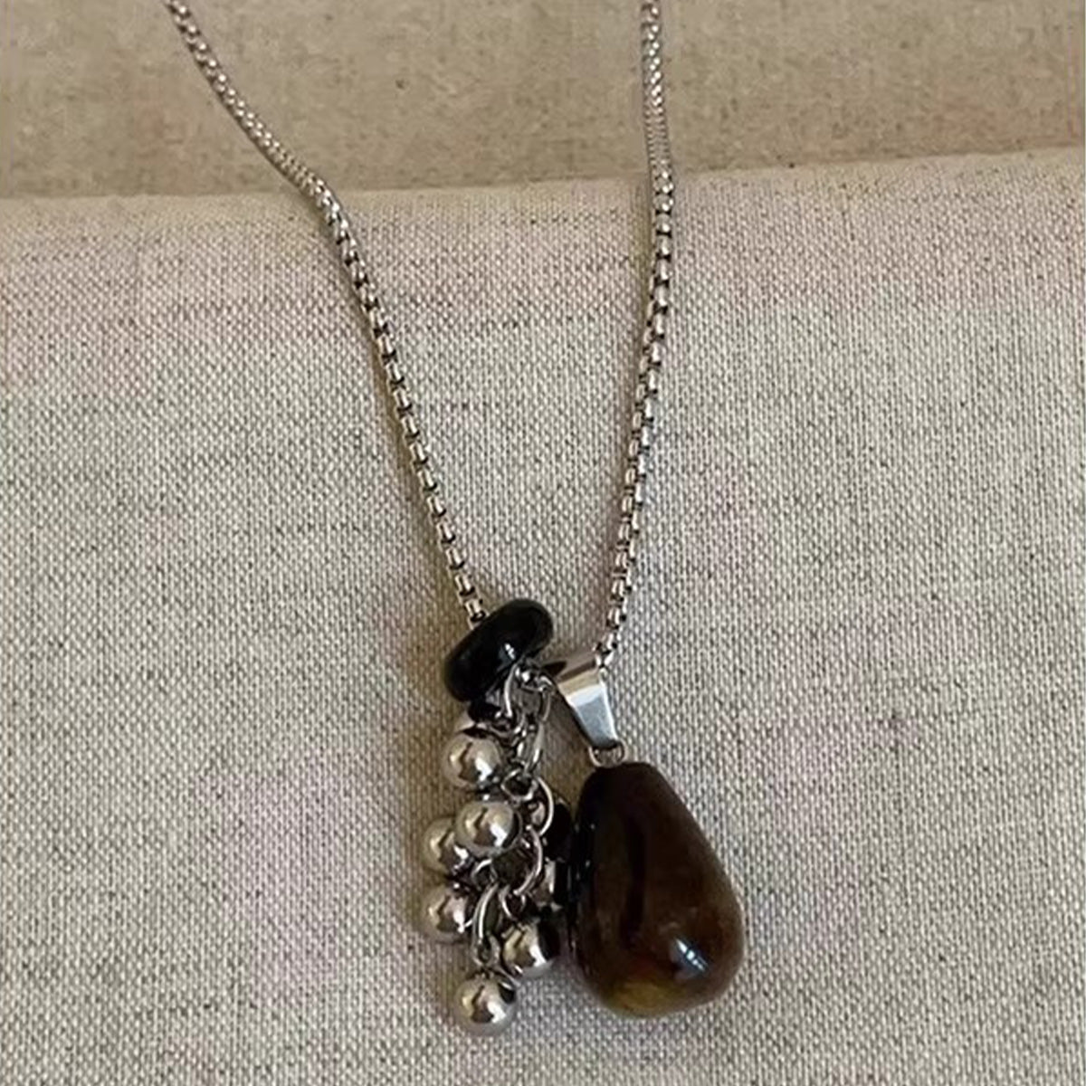 Silver Bead Water Drop Tiger's Eye Stone Necklace, Long - style Accessory, Sweater Chain with Grape Cluster Pendant