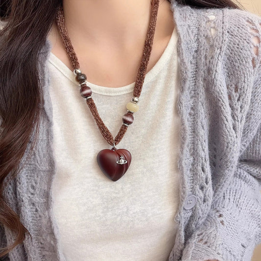 Vintage Marbled Brown Bow Heart Saturn Necklace - High-End Long Sweater Chain Accessory