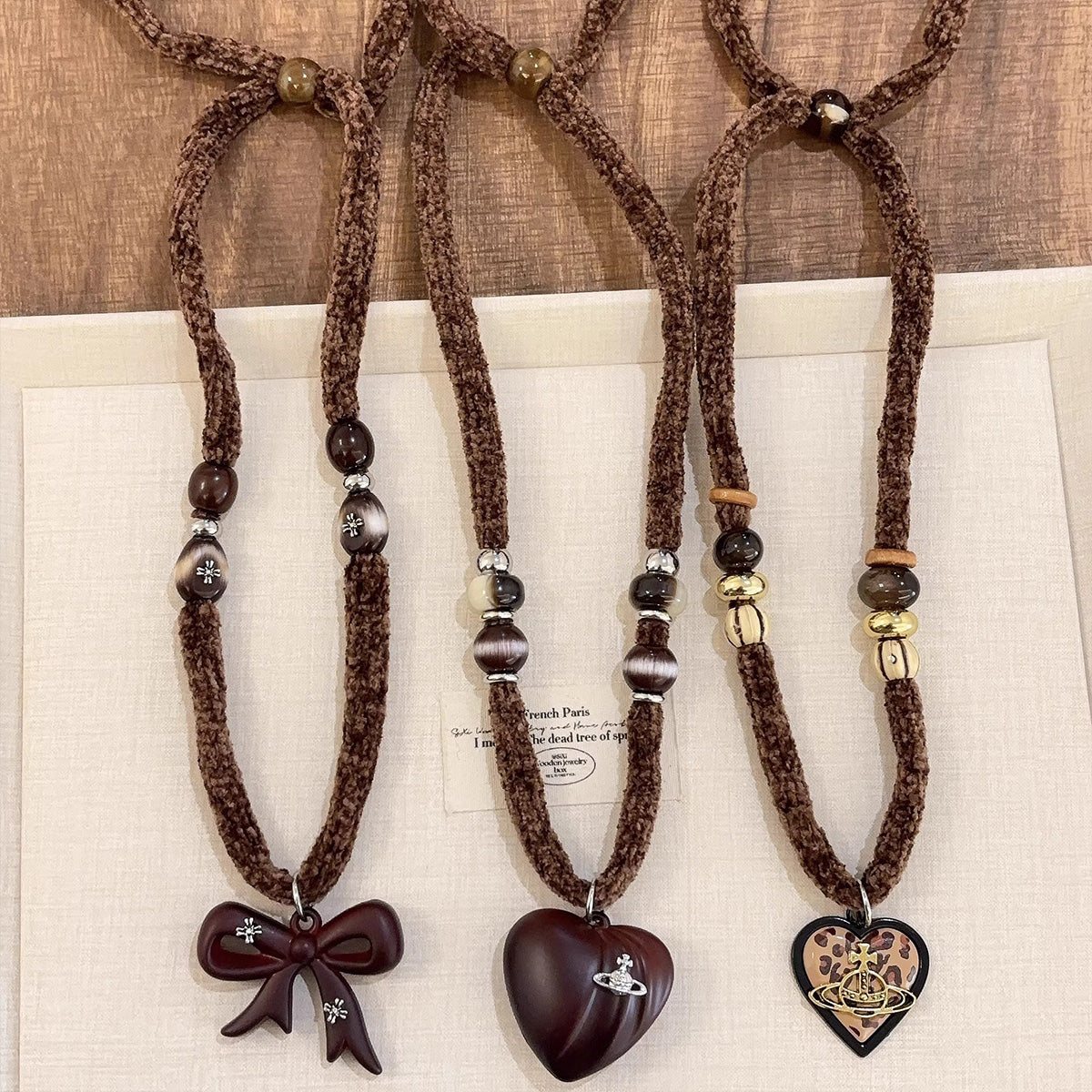 Vintage Marbled Brown Bow Heart Saturn Necklace - High-End Long Sweater Chain Accessory