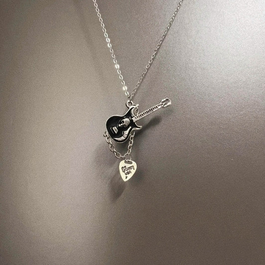 Vintage Retro Skull Guitarist Necklace - Niche Gothic Rock Edgy Unisex Statement Pendant