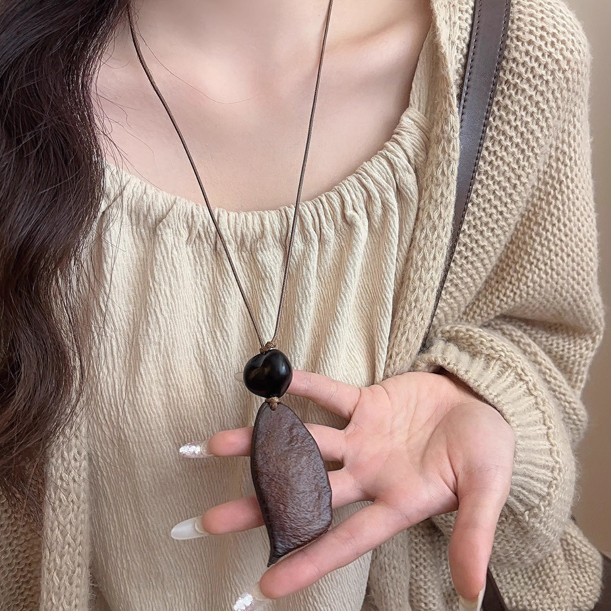 New Chinese Retro Wooden Rice Fruit Pendant - Long Zen Sweater Chain Niche Elegant Neck Jewelry for Women