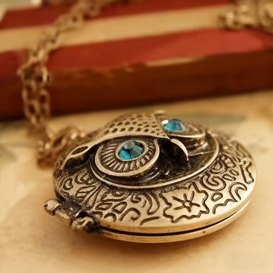 Vintage Owl Locket Necklace - Blue Eye Openable Photo Pendant Long Sweater Chain