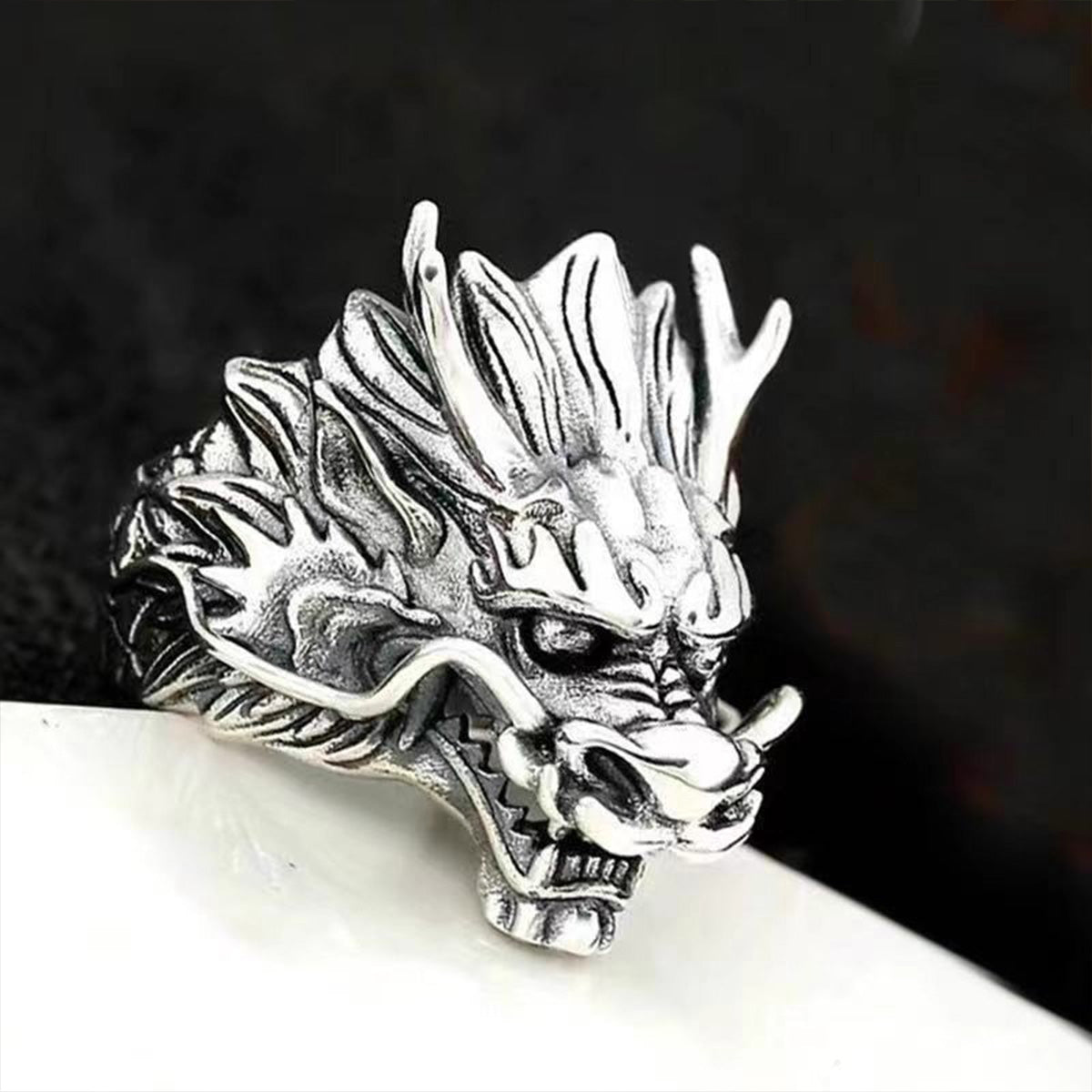 Vintage Thai Silver Dragon Head Ring - Adjustable Open Band | Bold Statement Jewelry for Men