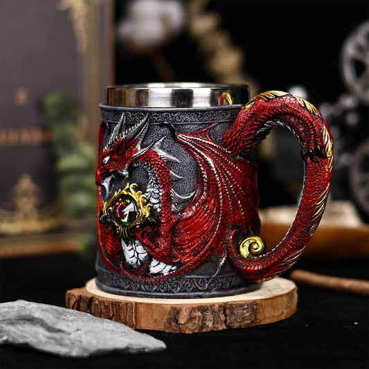 Vintage European Dragon Warrior Mug - Stainless Steel Coffee Cup with Dragon Statue Decor