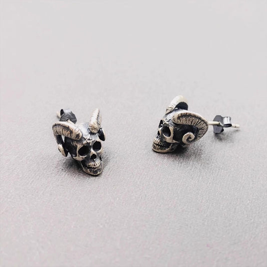 Vintage Skull Earrings - Gothic Punk Satanic Black Goat Stud | Unisex Dark Accessory