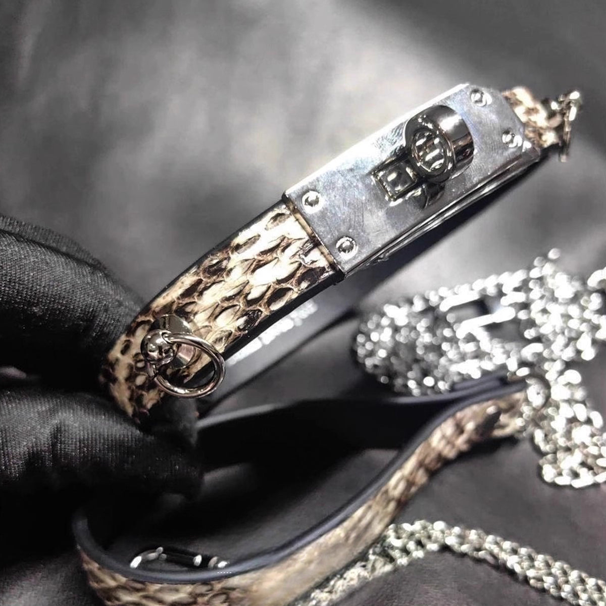 Black White Gray Snake Print Choker - Detachable Bell P-Chain Collar, Edgy Unisex Neck Accessory