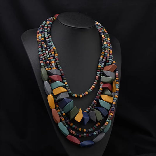 Western Vintage Morandi Wooden Bead Necklace - Bohemian Bold Vacation Stage Accessory, Perfect for Retro & Ethnic Outfits