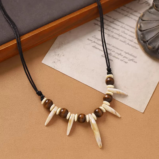 Handwoven Wolf Tooth Wood Bead Necklace - Tribal Ethnic Unisex Retro Sweater Chain, Perfect for Bold & Unique Looks