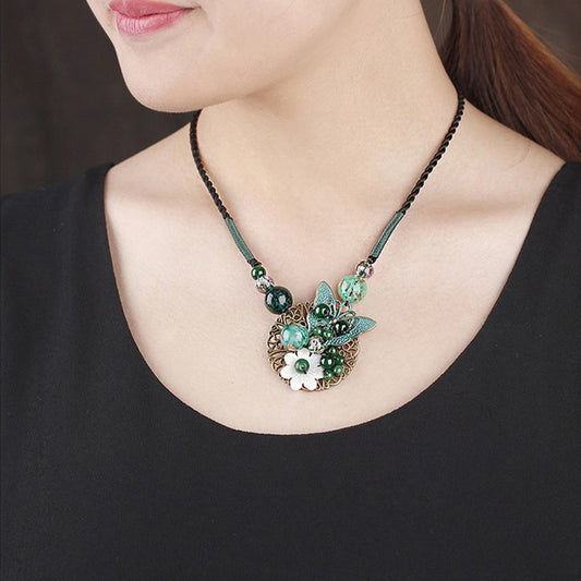 Retro Ethnic Jade Necklace - Premium Long Versatile Sweater Chain with Glass Pendant