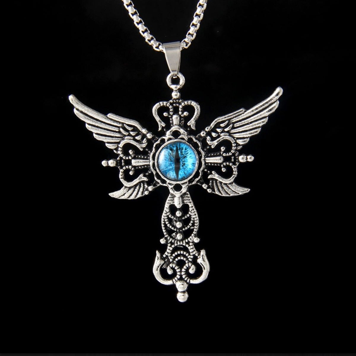 Gothic Demon Cross Necklace - Winged Evil Eye Long Chain Jewelry for Couples Students