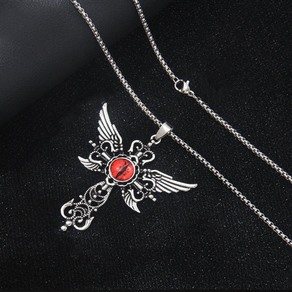 Gothic Demon Cross Necklace - Winged Evil Eye Long Chain Jewelry for Couples Students