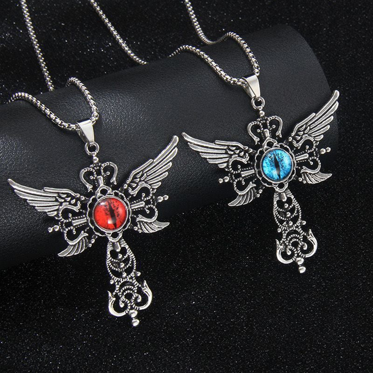 Gothic Demon Cross Necklace - Winged Evil Eye Long Chain Jewelry for Couples Students