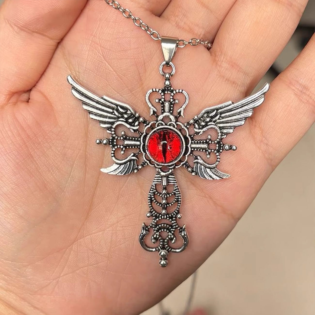 Gothic Demon Cross Necklace - Winged Evil Eye Long Chain Jewelry for Couples Students