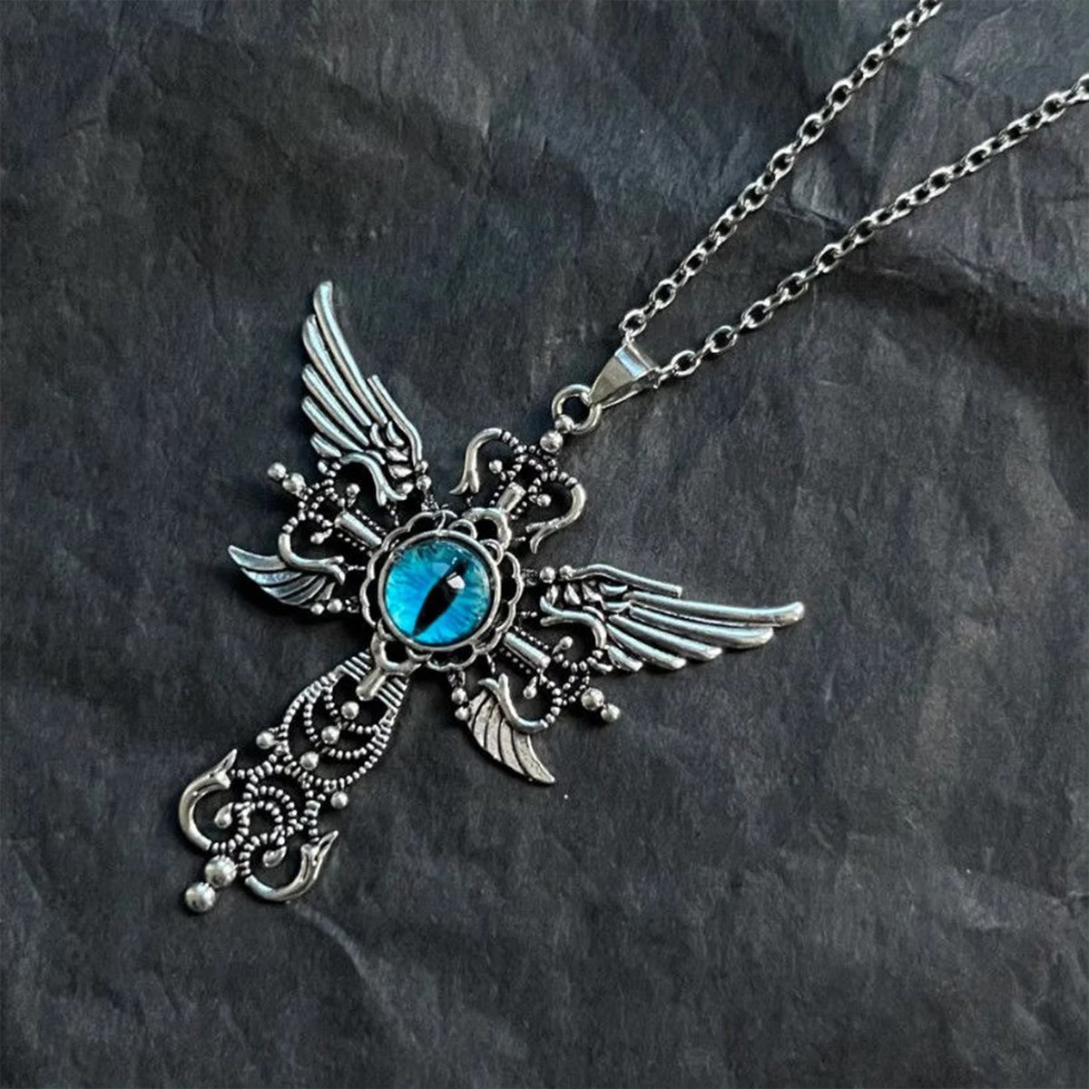 Gothic Demon Cross Necklace - Winged Evil Eye Long Chain Jewelry for Couples Students