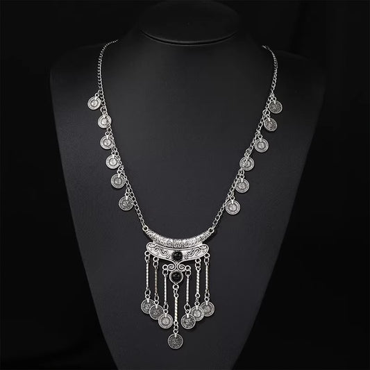 Western-Style Vintage Coin Tassel Necklace - Bohemian Ethnic Metal Long Sweater Chain, Perfect for Retro & Casual Outfits