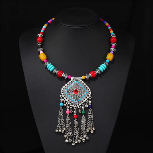 Retro Ethnic Tibetan Necklace - Bell Tassel Colorful Beaded Choker & Sweater Chain, Perfect for Ethnic & Casual Outfits
