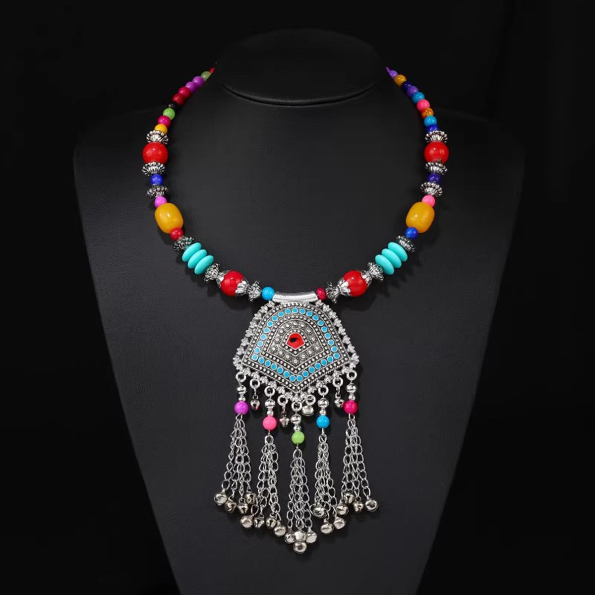 Retro Ethnic Tibetan Necklace - Bell Tassel Colorful Beaded Choker & Sweater Chain, Perfect for Ethnic & Casual Outfits