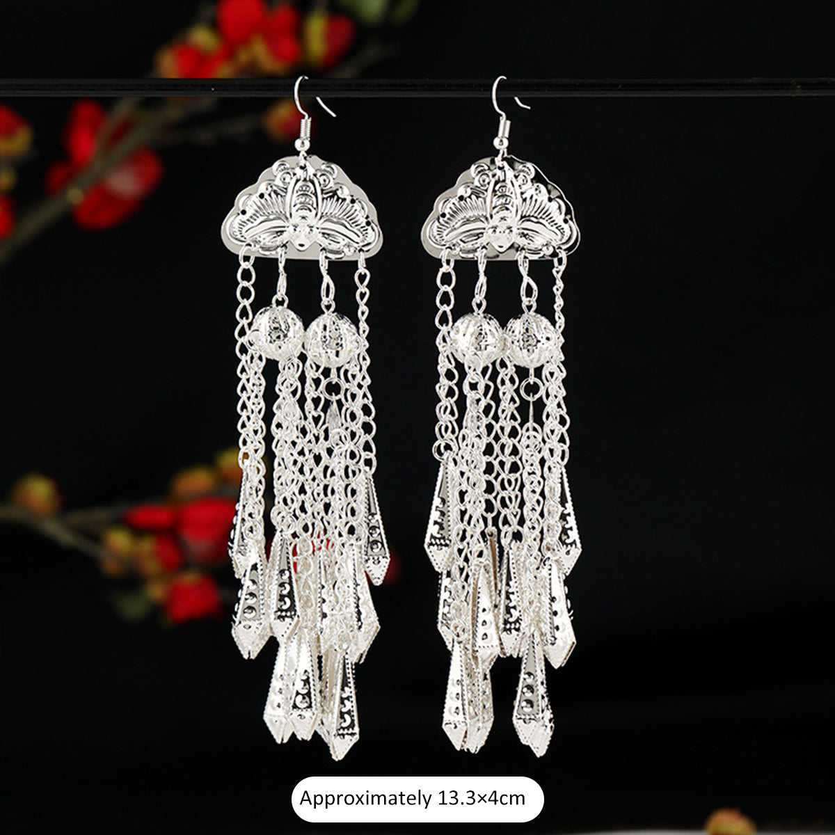 Retro Miao Silver Tassel Earrings - Ethnic Long Bell Dangles, Ideal for Dance & Special Occasions