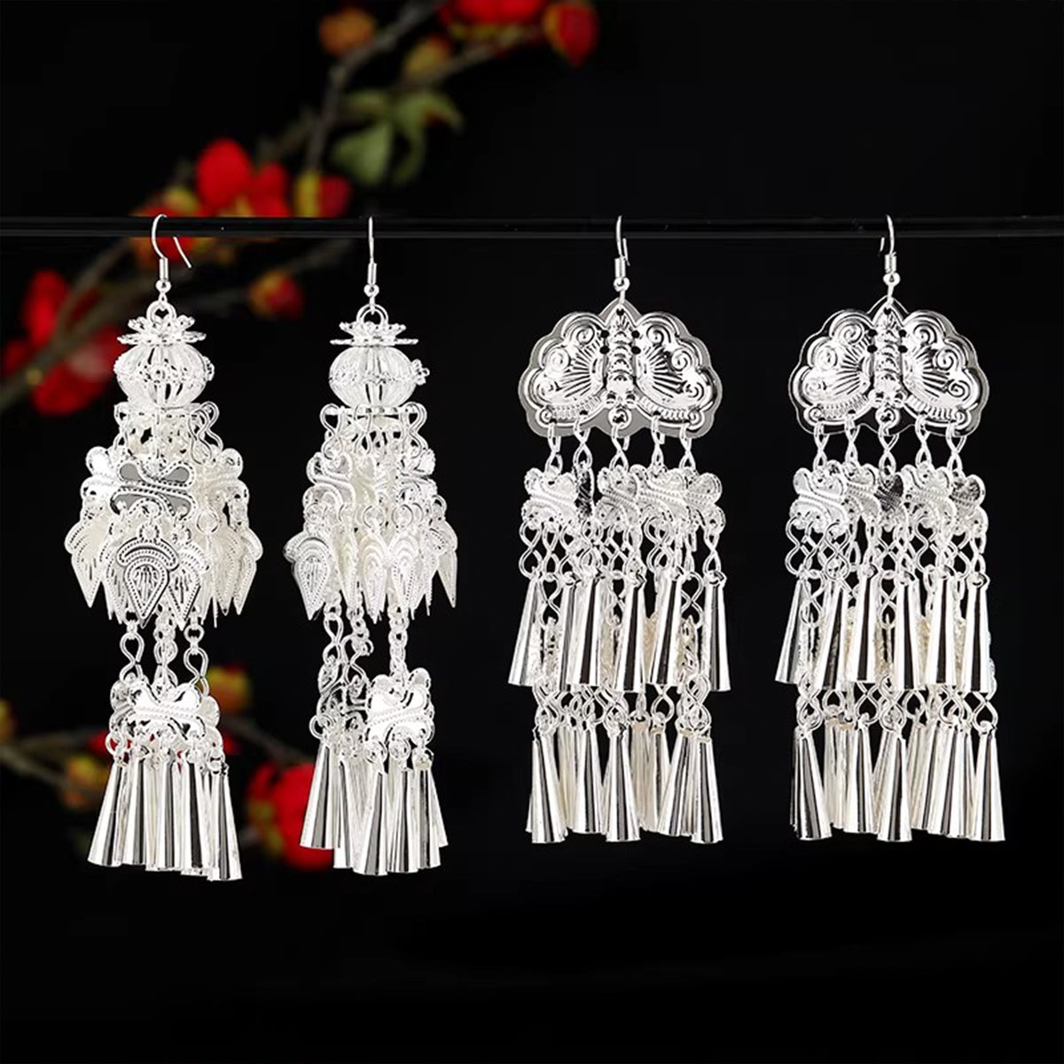 Retro Miao Silver Tassel Earrings - Ethnic Long Bell Dangles, Ideal for Dance & Special Occasions