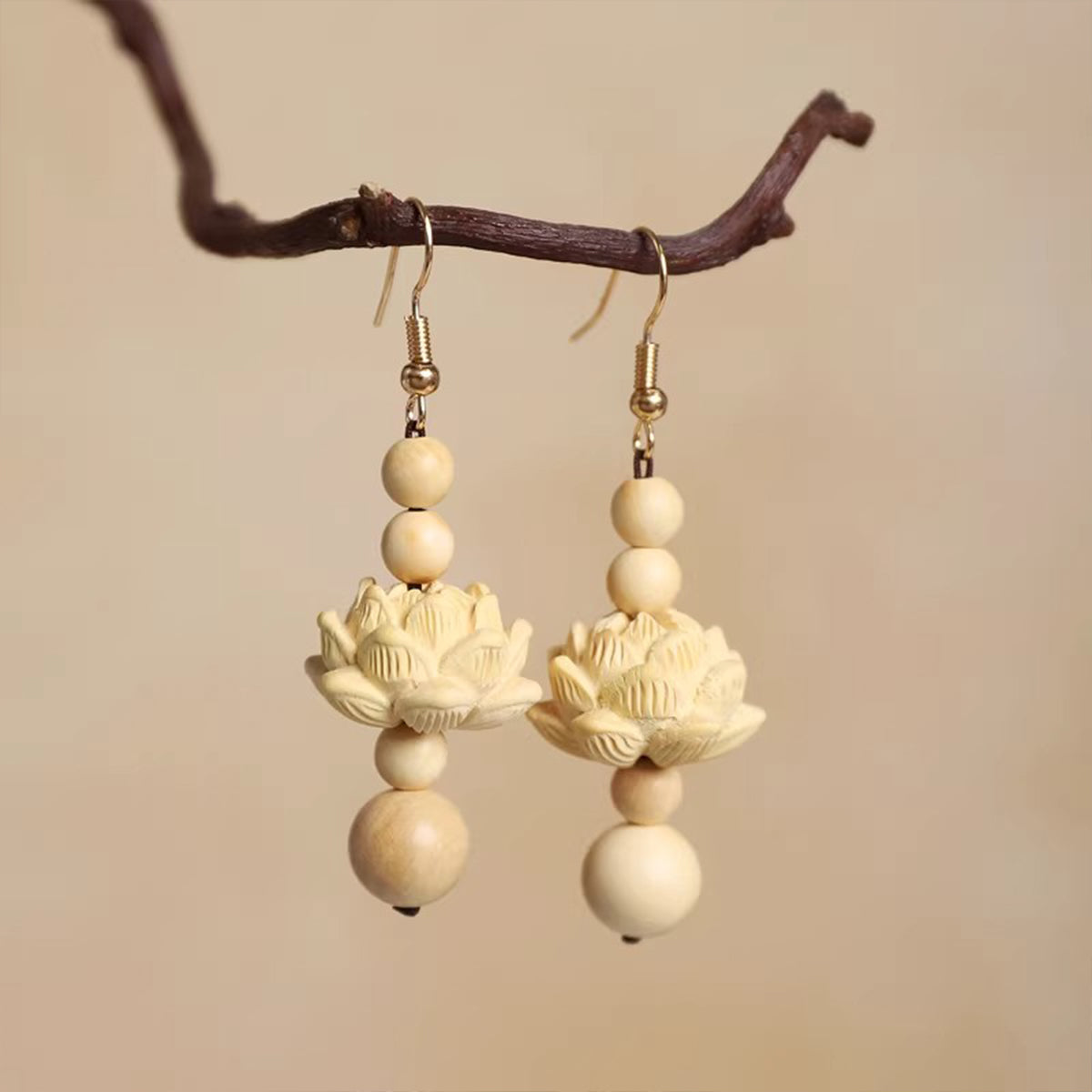 Oriental Lotus Drop Earrings - Handmade Boxwood Sandalwood Long Elegant Earrings for Her