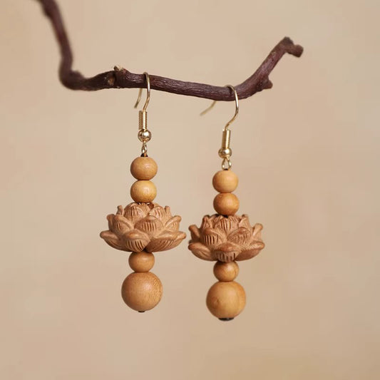 Oriental Lotus Drop Earrings - Handmade Boxwood Sandalwood Long Elegant Earrings for Her