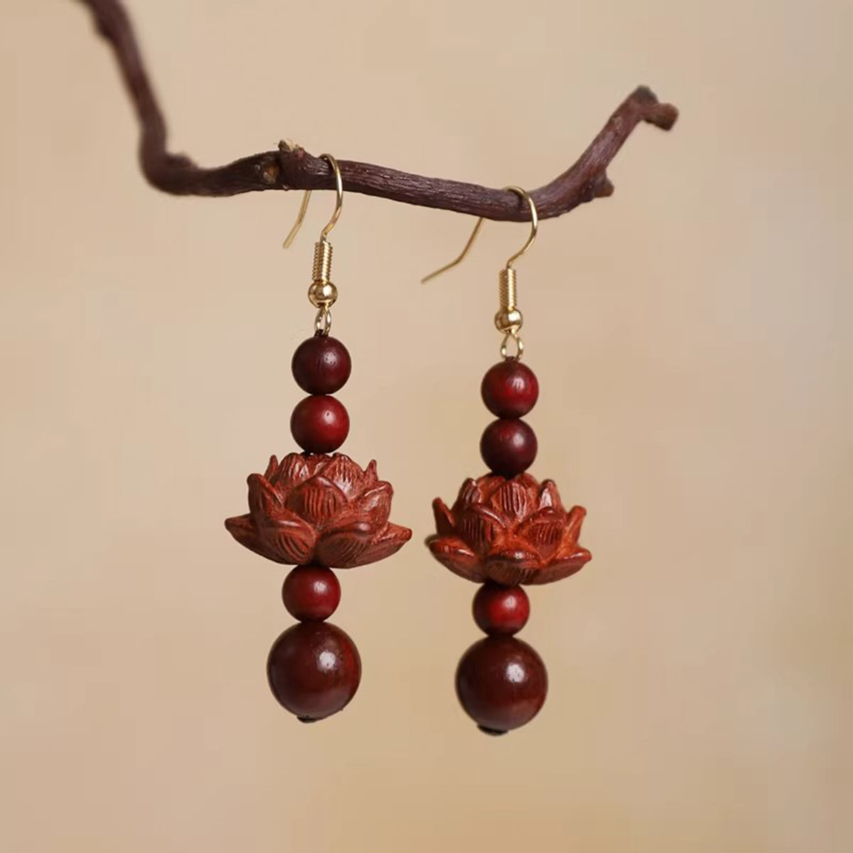 Oriental Lotus Drop Earrings - Handmade Boxwood Sandalwood Long Elegant Earrings for Her