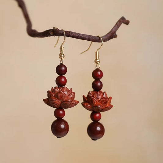 Oriental Lotus Drop Earrings - Handmade Boxwood Sandalwood Long Elegant Earrings for Her