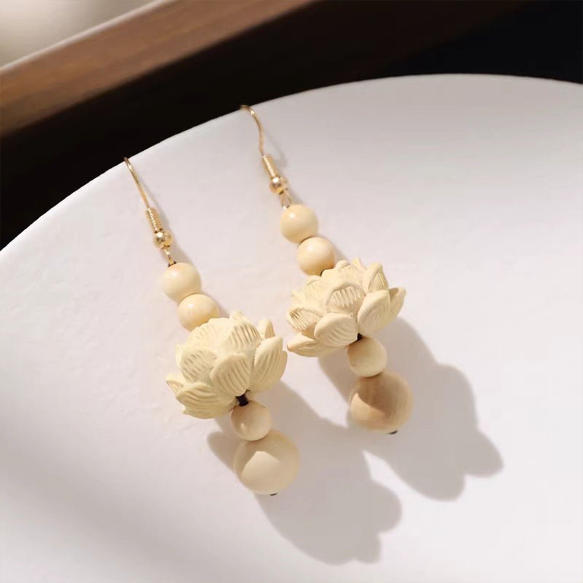 Oriental Lotus Drop Earrings - Handmade Boxwood Sandalwood Long Elegant Earrings for Her