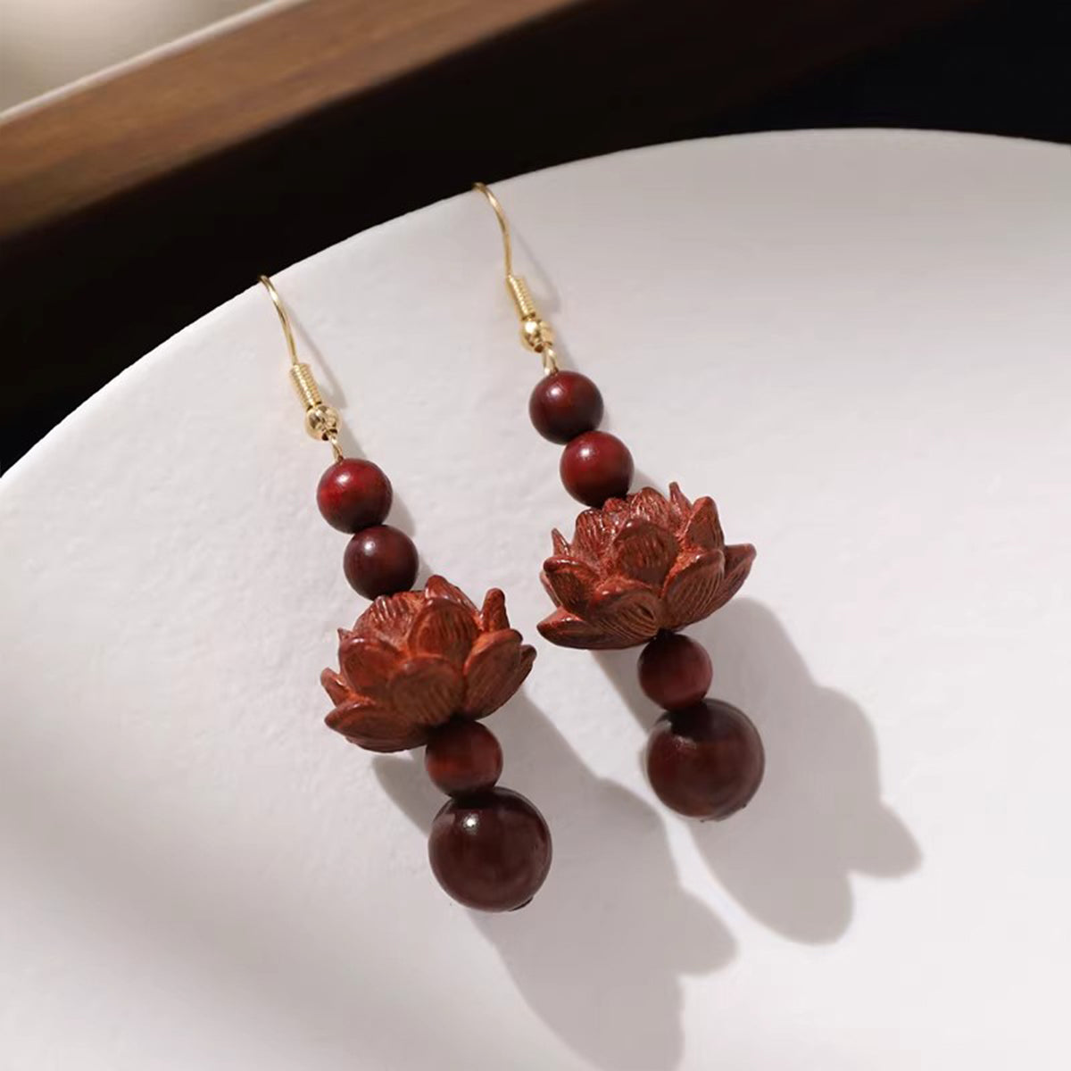 Oriental Lotus Drop Earrings - Handmade Boxwood Sandalwood Long Elegant Earrings for Her