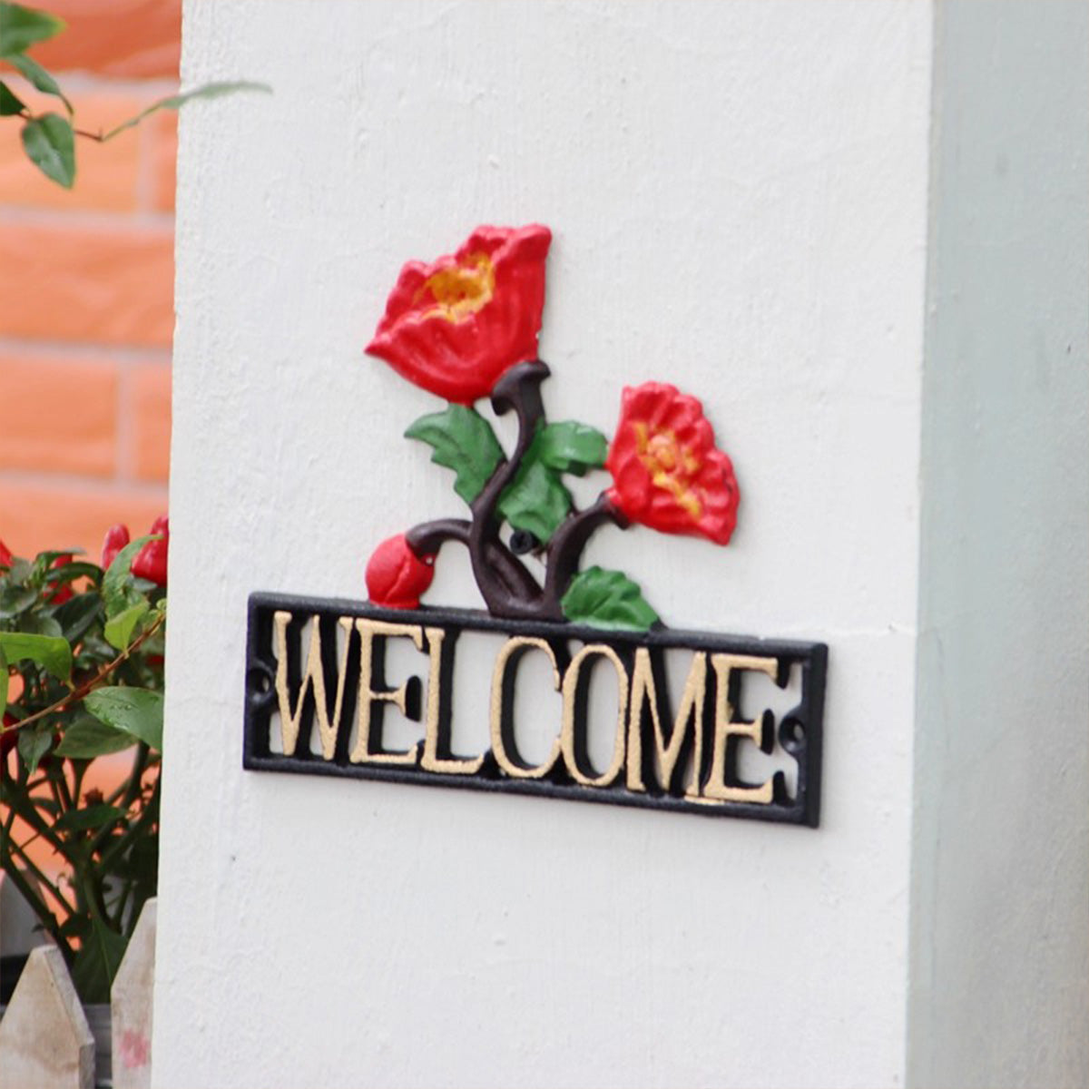 Outdoor Garden Welcome Sign – Cast Iron Rose Wall Decor