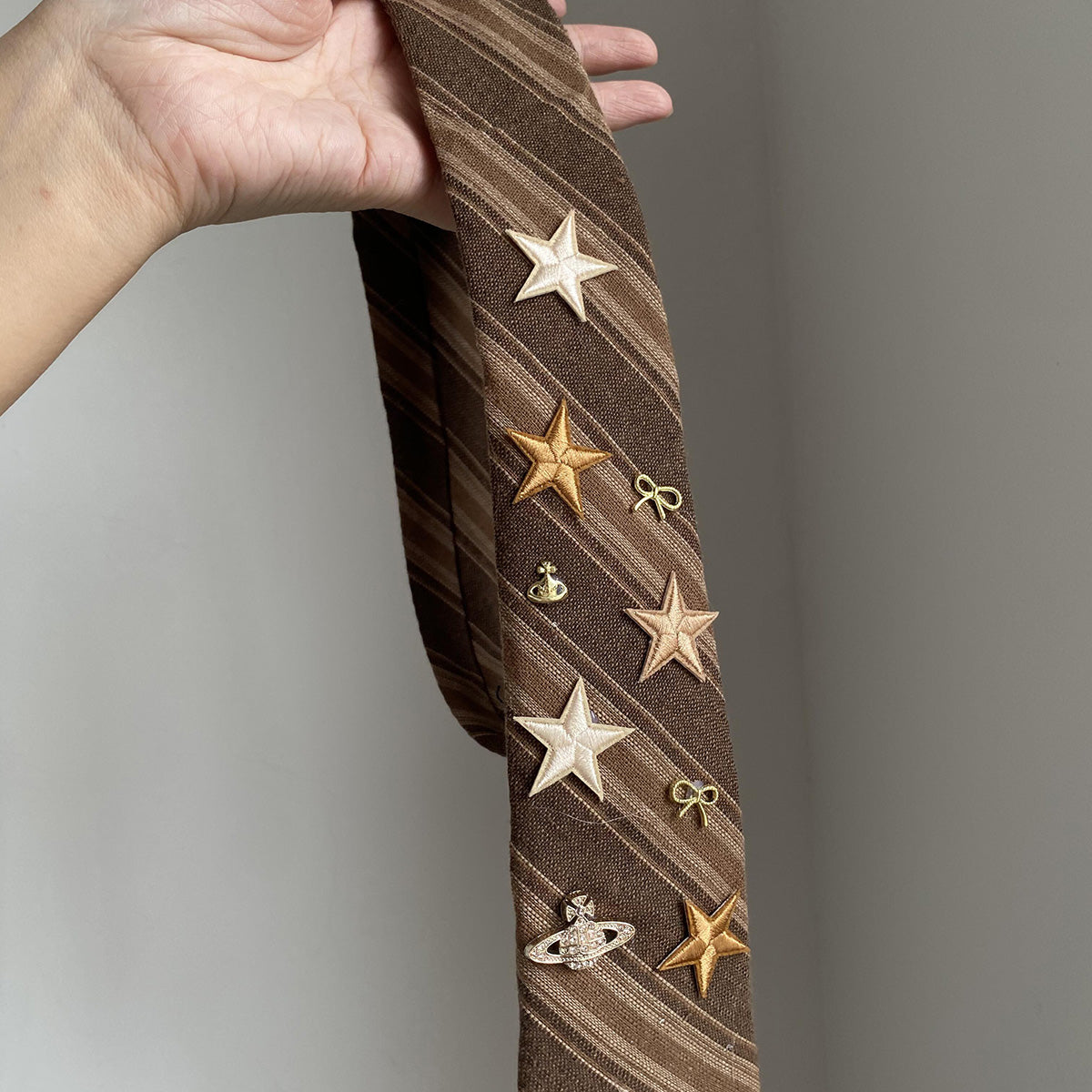 Handmade Custom Vintage Brown Pinstripe Star Tie - Retro Preppy Style Accessory
