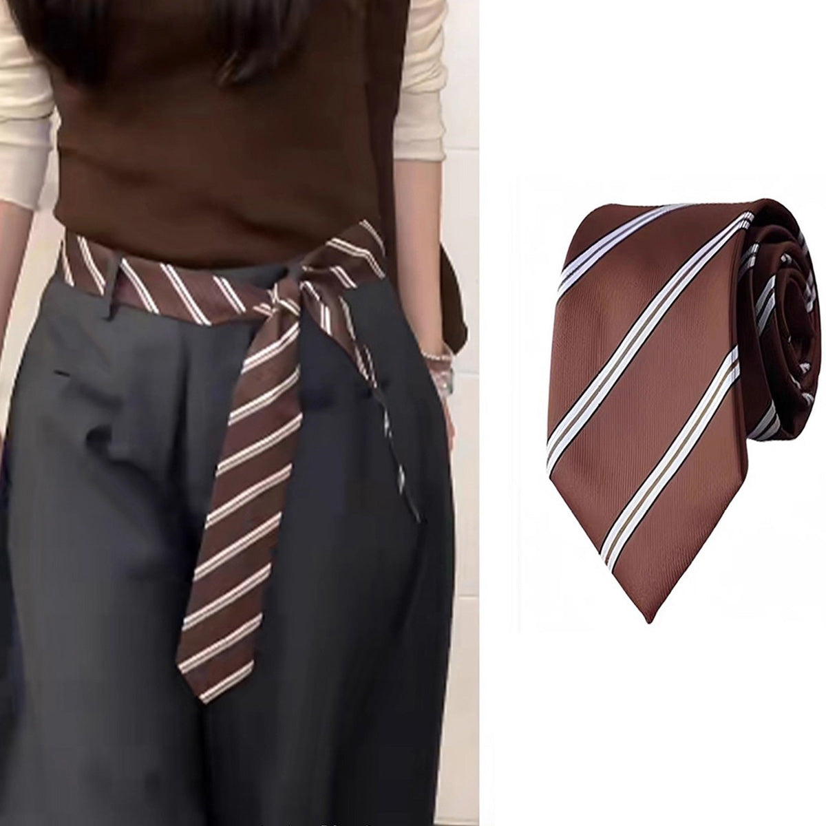 Handmade Custom Vintage Brown Pinstripe Star Tie - Retro Preppy Style Accessory