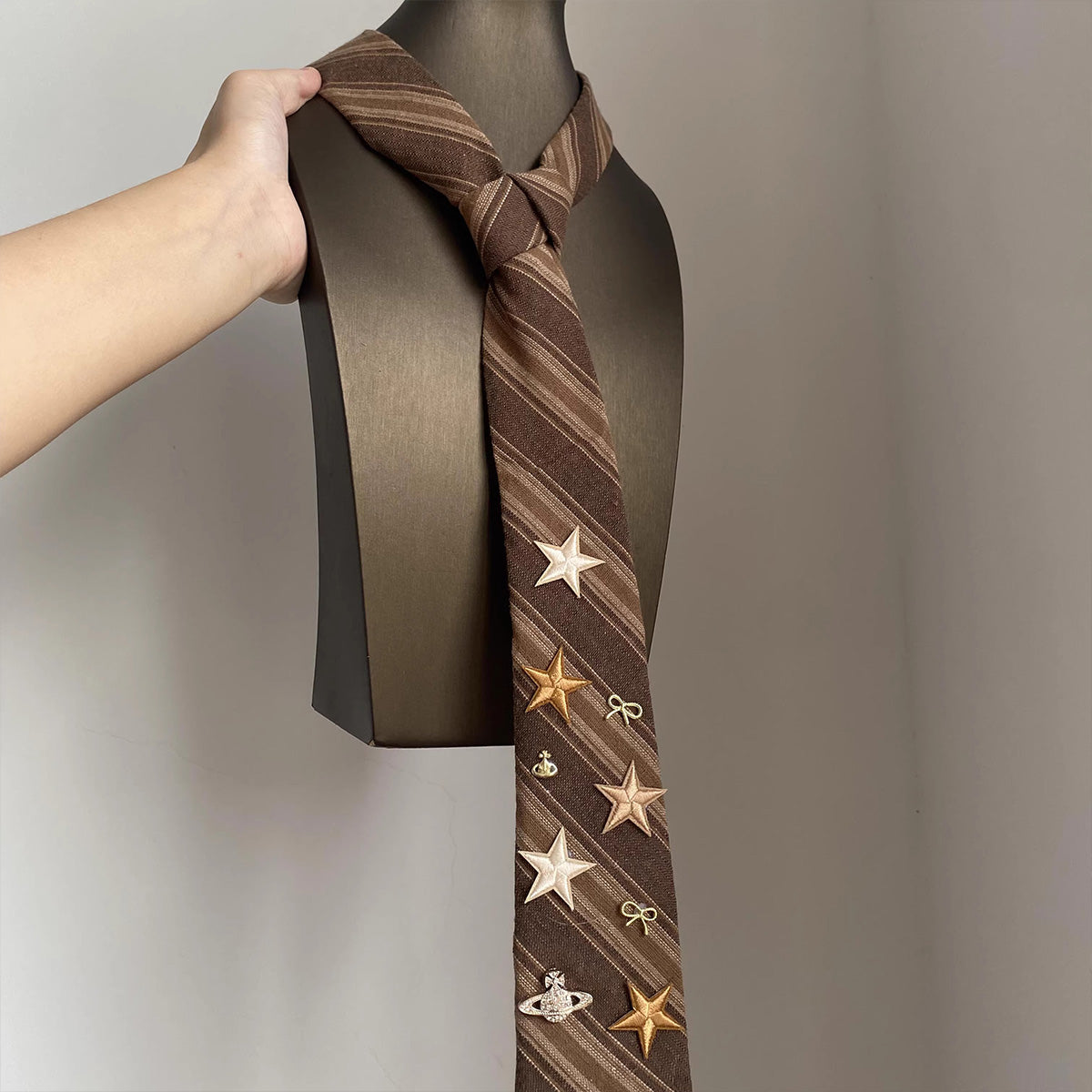 Handmade Custom Vintage Brown Pinstripe Star Tie - Retro Preppy Style Accessory