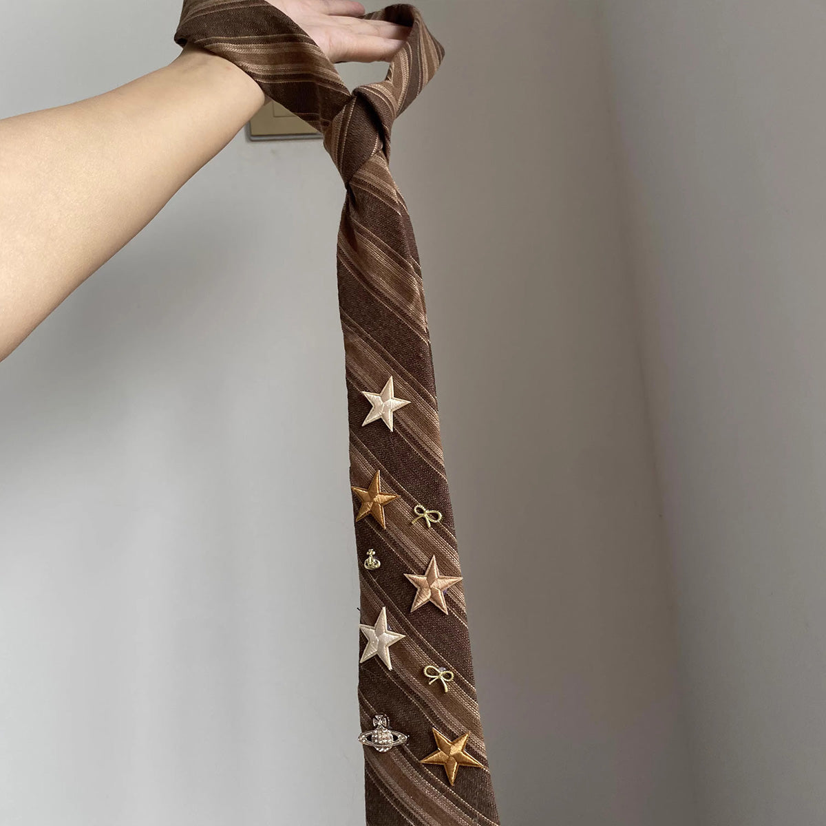 Handmade Custom Vintage Brown Pinstripe Star Tie - Retro Preppy Style Accessory