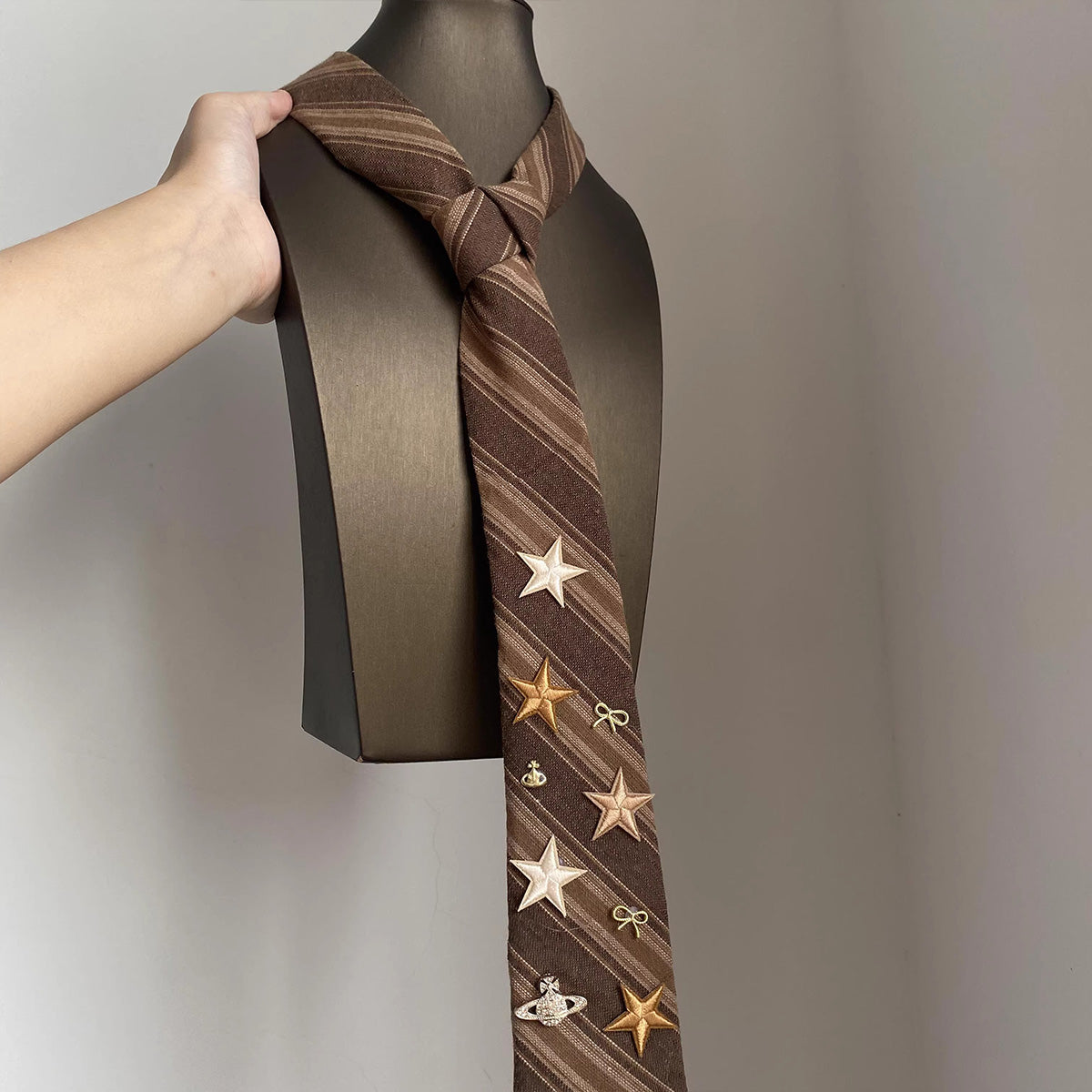Handmade Custom Vintage Brown Pinstripe Star Tie - Retro Preppy Style Accessory