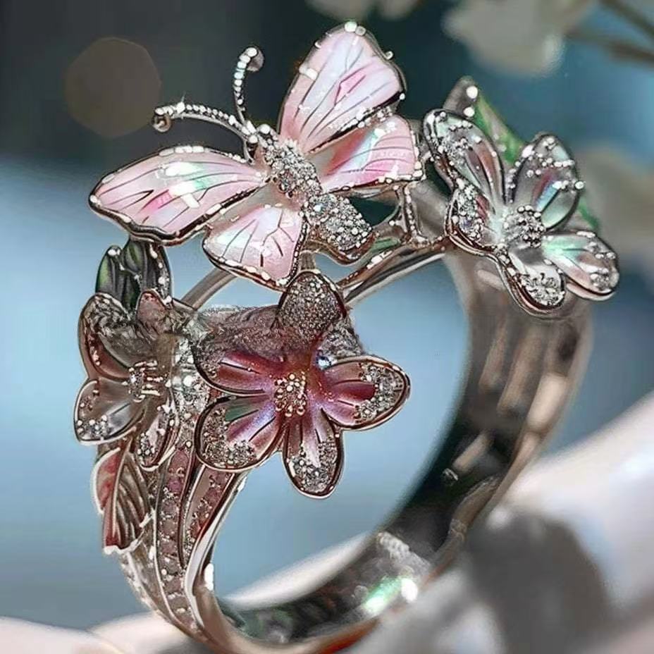 Elegant European & American Pink Open Ring - Rhinestone Enamel Butterfly Flower Women's Jewelry