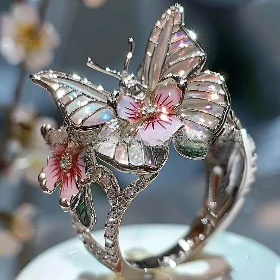 Elegant European & American Pink Open Ring - Rhinestone Enamel Butterfly Flower Women's Jewelry