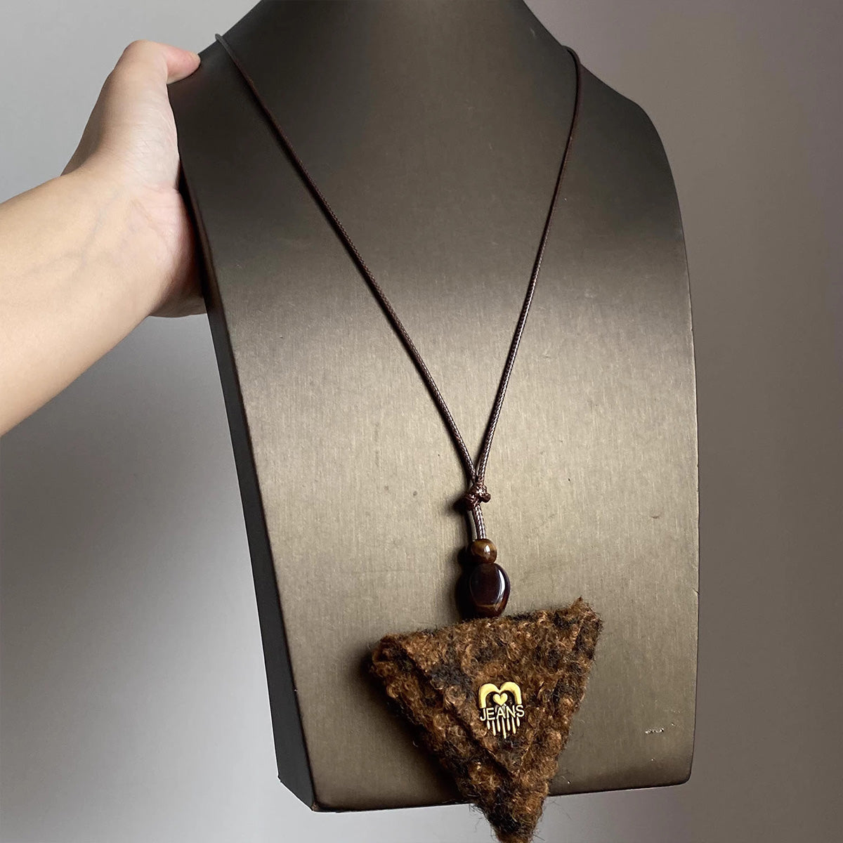Vintage Maillard Brown Leopard Print Triangle Gold Logo Pendant - Fall/Winter Fashion Sweater Chain