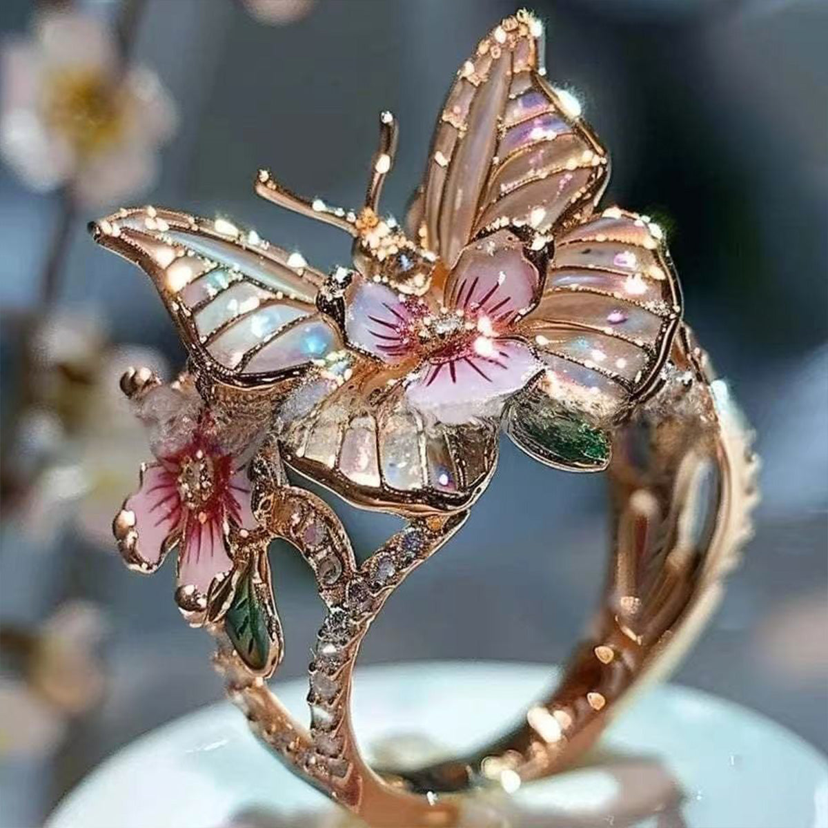 Elegant European & American Pink Open Ring - Rhinestone Enamel Butterfly Flower Women's Jewelry