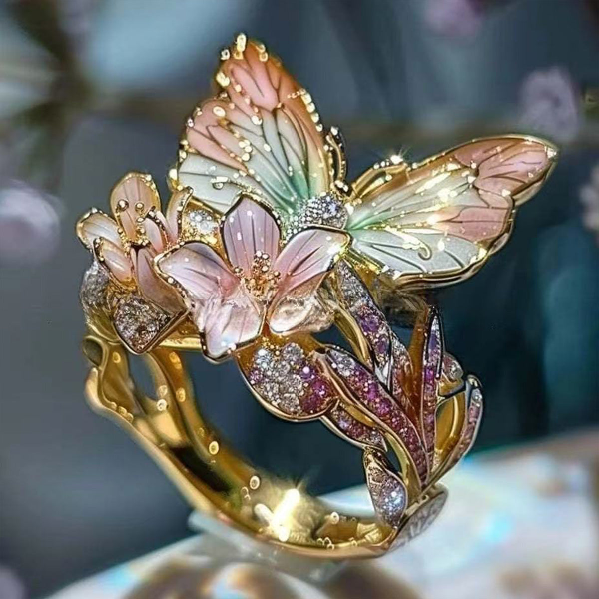 Elegant European & American Pink Open Ring - Rhinestone Enamel Butterfly Flower Women's Jewelry