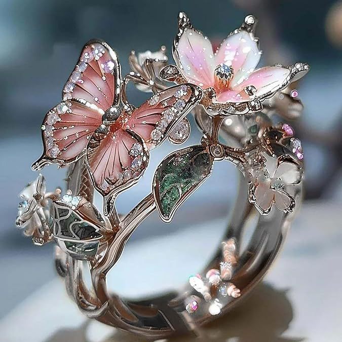 Elegant European & American Pink Open Ring - Rhinestone Enamel Butterfly Flower Women's Jewelry