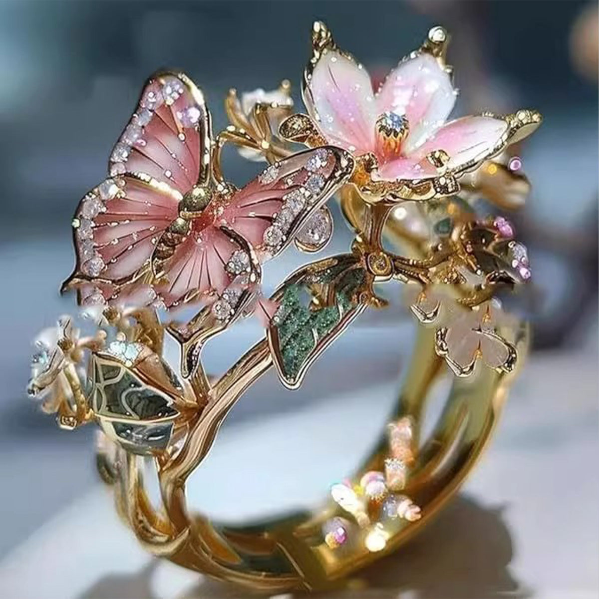 Elegant European & American Pink Open Ring - Rhinestone Enamel Butterfly Flower Women's Jewelry