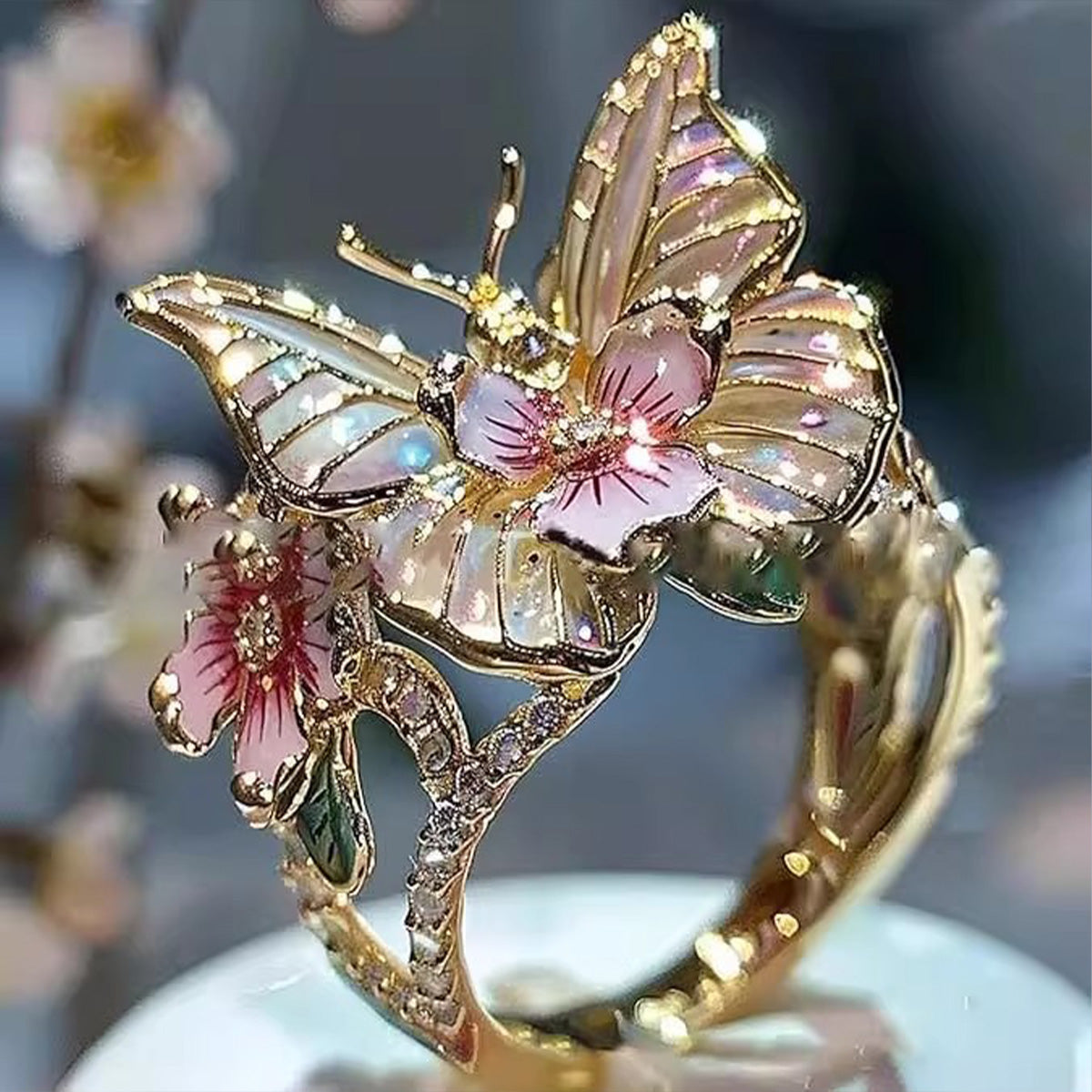 Elegant European & American Pink Open Ring - Rhinestone Enamel Butterfly Flower Women's Jewelry