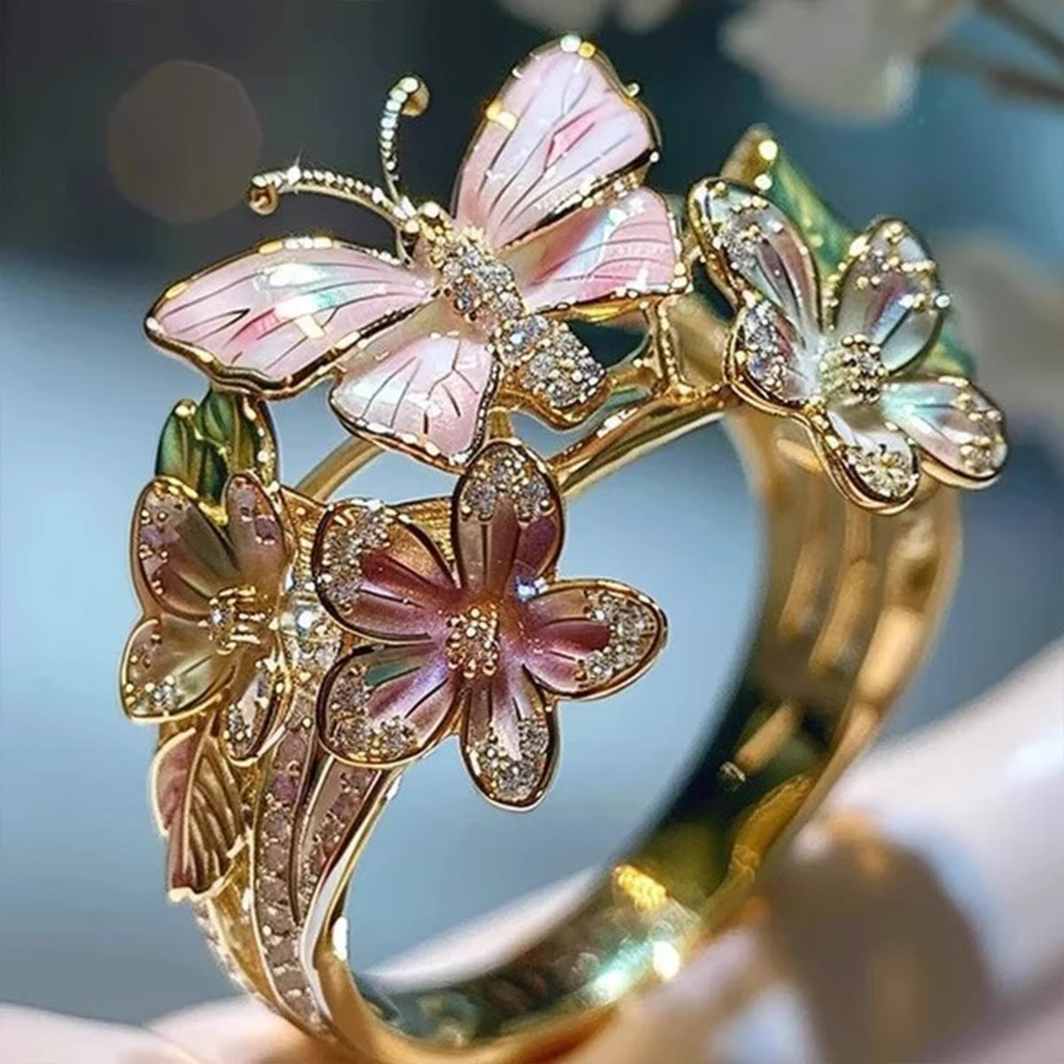 Elegant European & American Pink Open Ring - Rhinestone Enamel Butterfly Flower Women's Jewelry