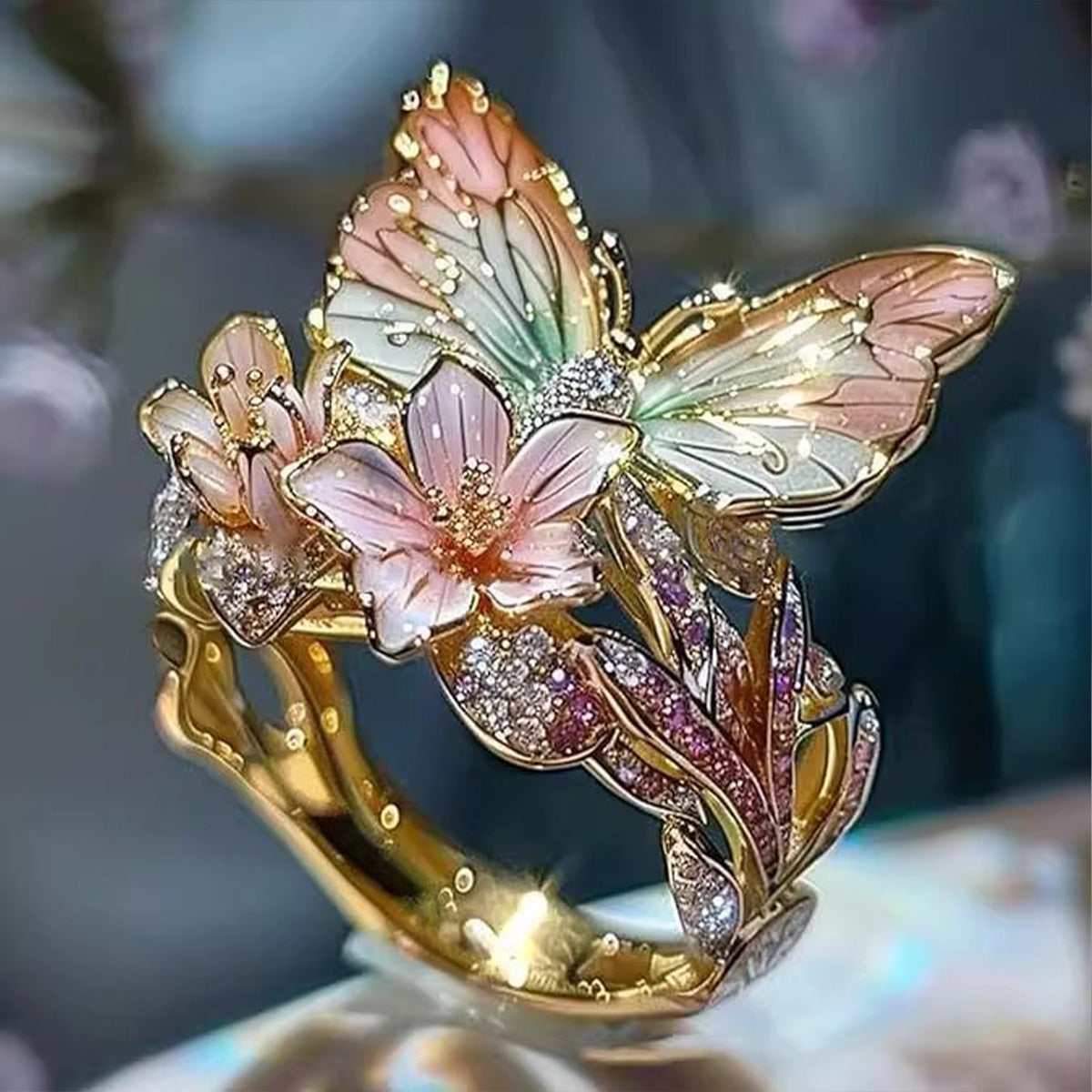 Elegant European & American Pink Open Ring - Rhinestone Enamel Butterfly Flower Women's Jewelry