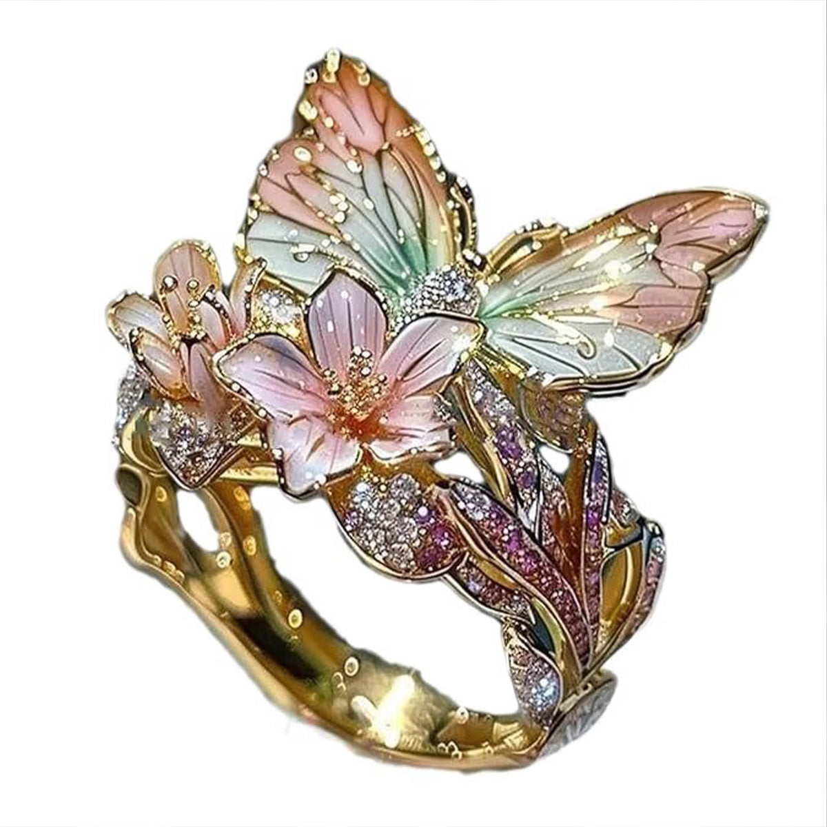 Elegant European & American Pink Open Ring - Rhinestone Enamel Butterfly Flower Women's Jewelry