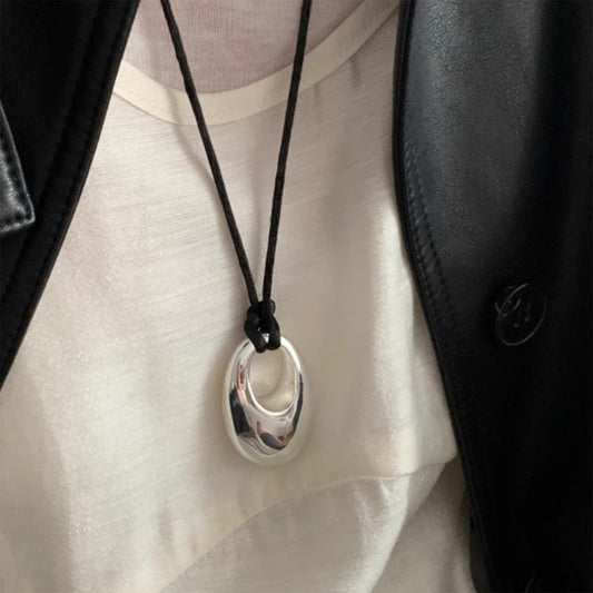 Niche Design Black Cord Drop Pendant Sweater Chain - Adjustable Silver Metal Statement Necklace