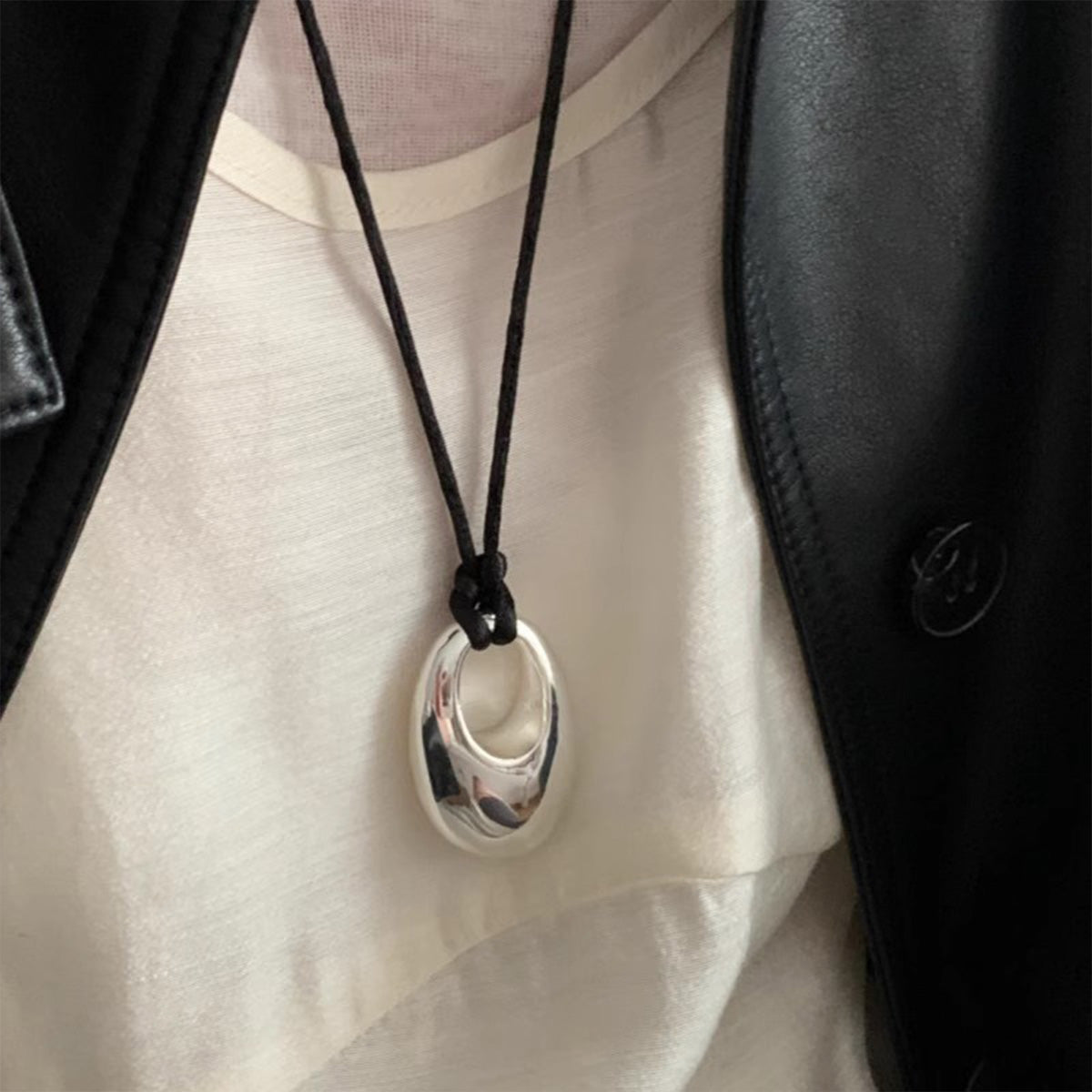 Niche Design Black Cord Drop Pendant Sweater Chain - Adjustable Silver Metal Statement Necklace